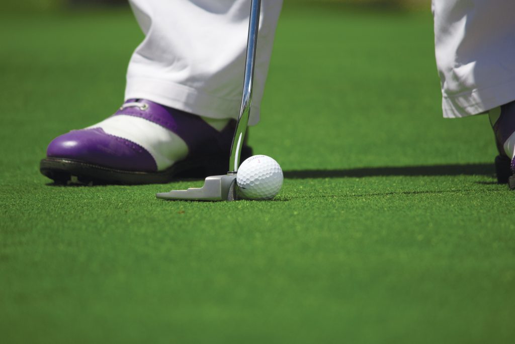 pexels photo 54122 54122 A golf player prepares to hit a ball with a putter on a green course.